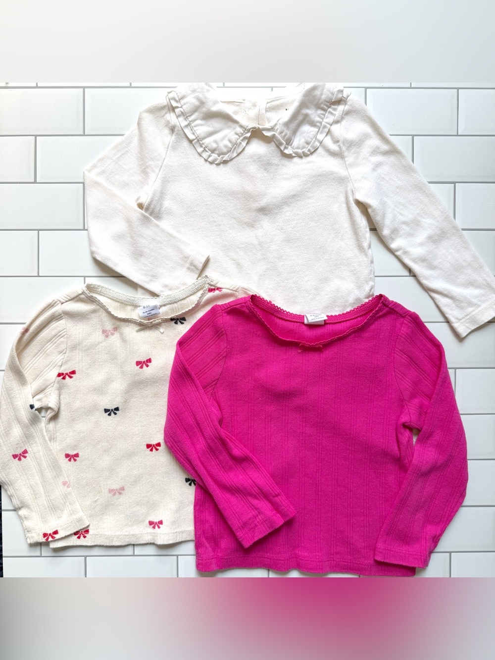 18-24M🎀 Baby GAP 3 Long Sleeve Shirts Pointelle Knit Pink Bows Peter Pan Collar